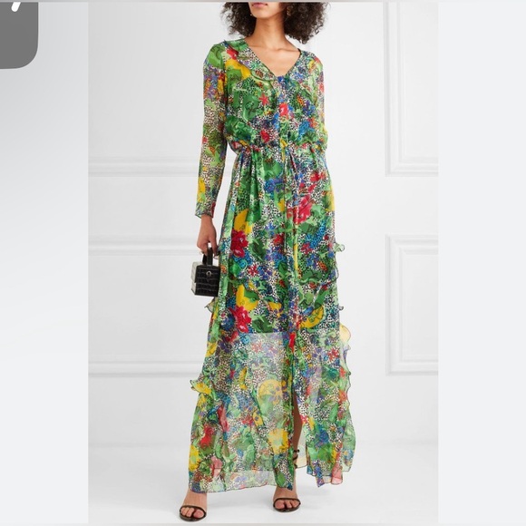 SALONI Multicolor Silk Floral Ruffle Sheer Button Down Summer Maxi Dress Size 4
